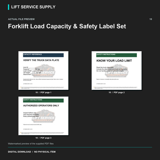 Forklift Load Capacity & Safety Label Set - Actual form preview with logo watermark