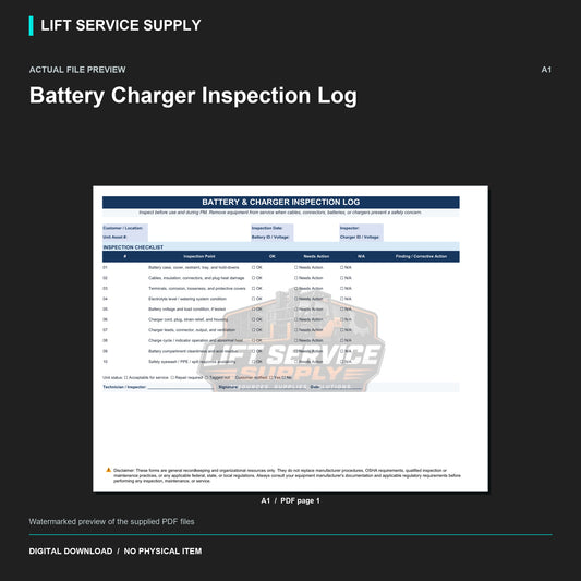 Battery Charger Inspection Log - Actual form preview with logo watermark