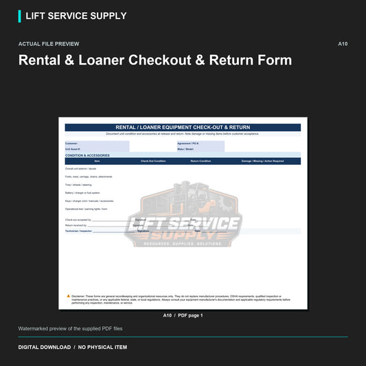 Rental & Loaner Checkout & Return Form - Actual form preview with logo watermark
