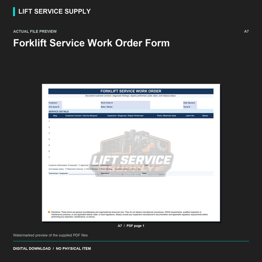 Forklift Service Work Order Form - Actual form preview with logo watermark