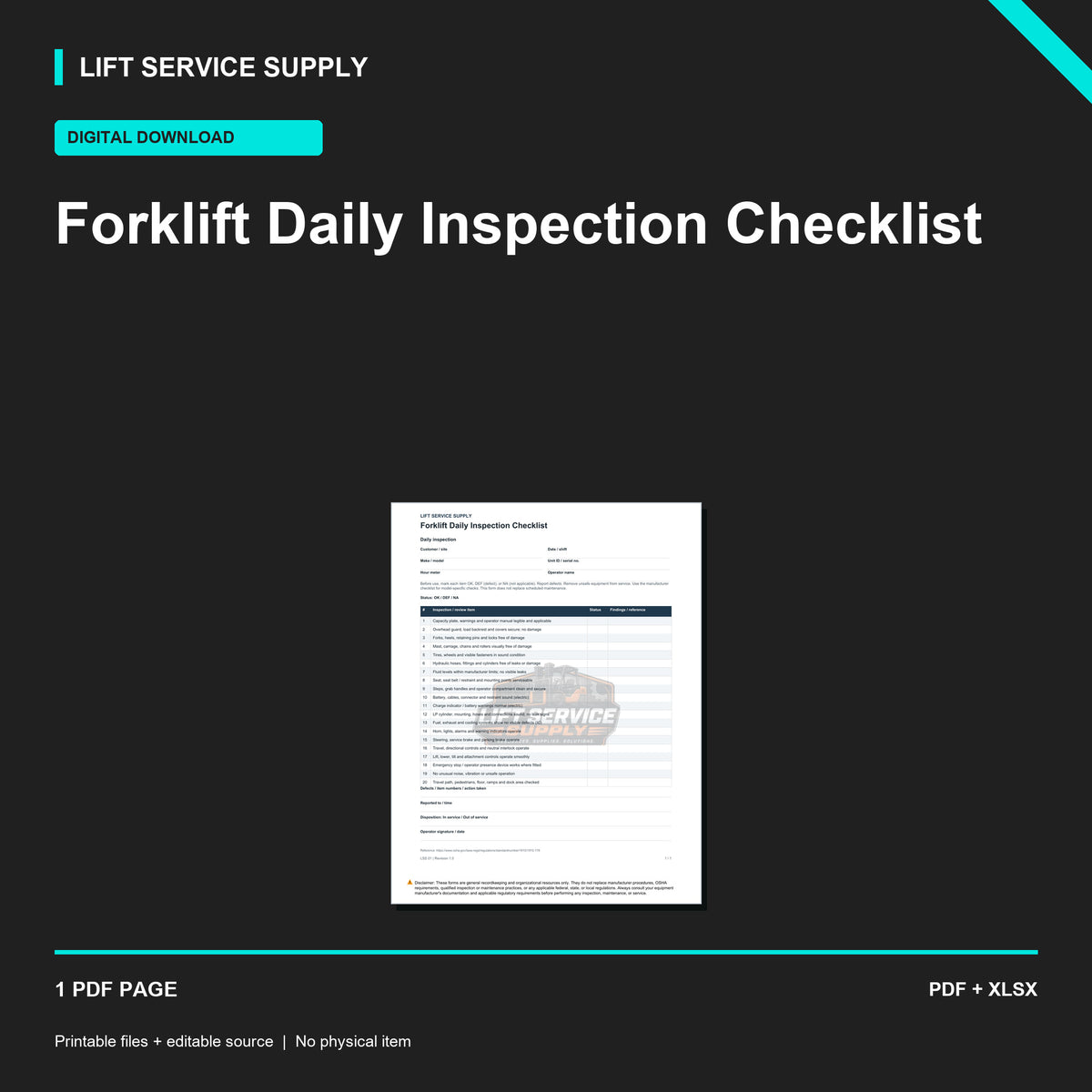 Forklift Daily Inspection Checklist - Product cover