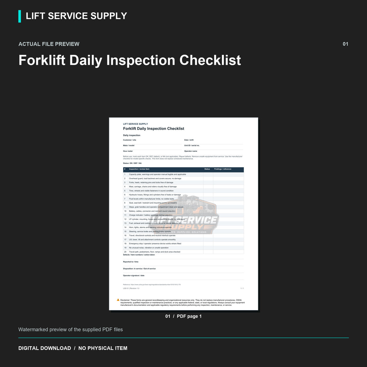 Forklift Daily Inspection Checklist - Actual form preview with logo watermark