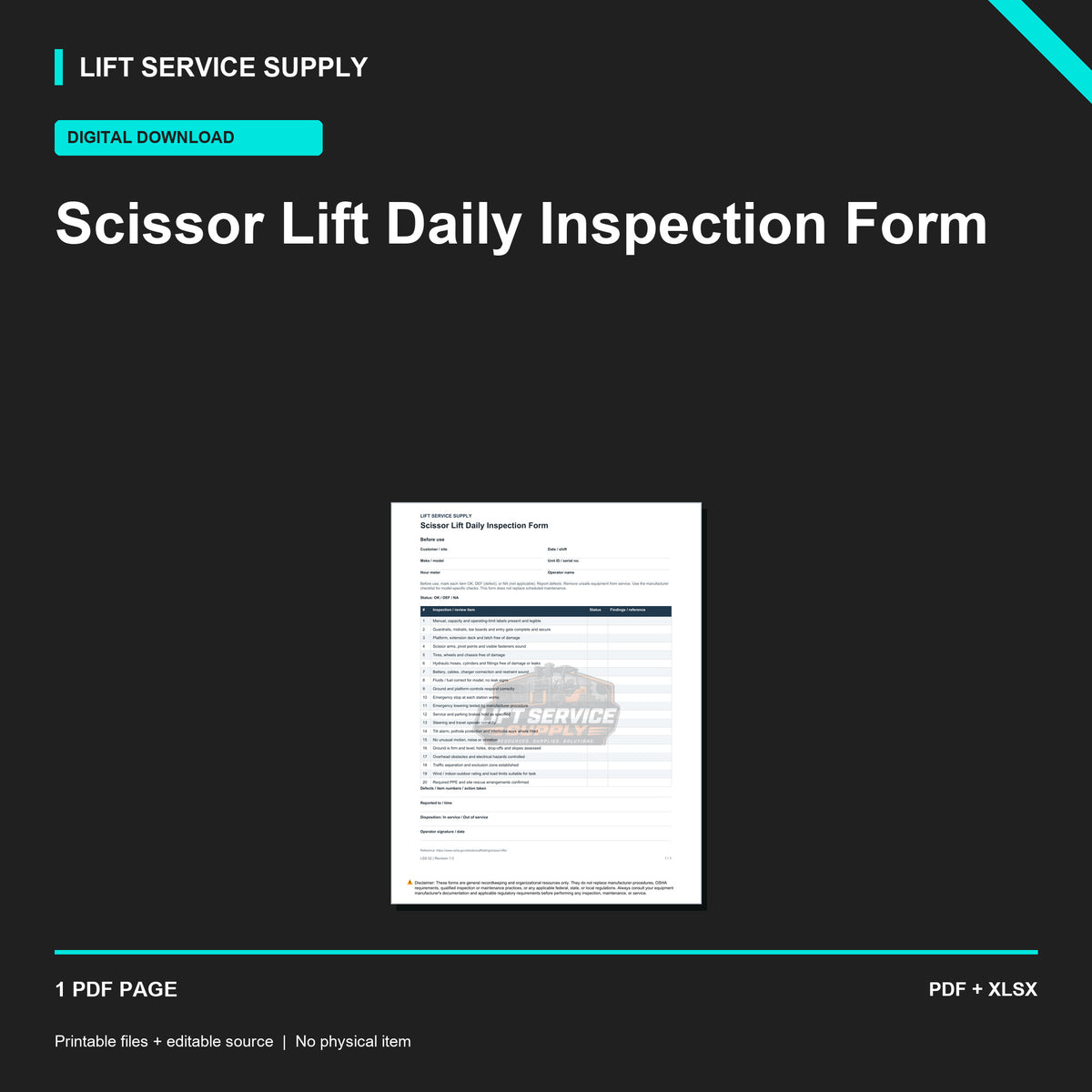 Scissor Lift Daily Inspection Form - Product cover