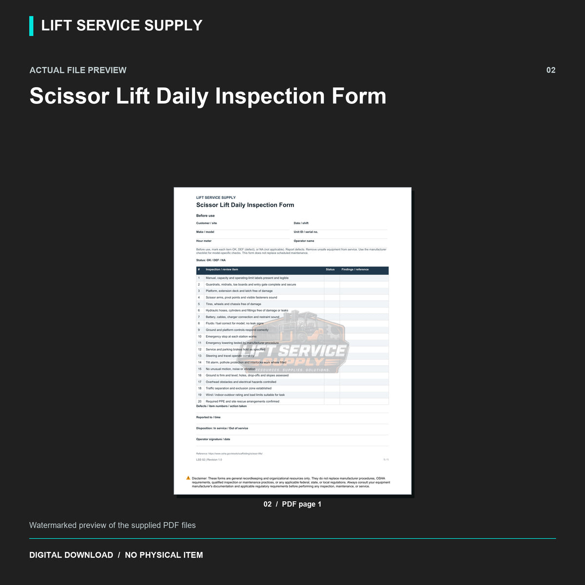Scissor Lift Daily Inspection Form - Actual form preview with logo watermark