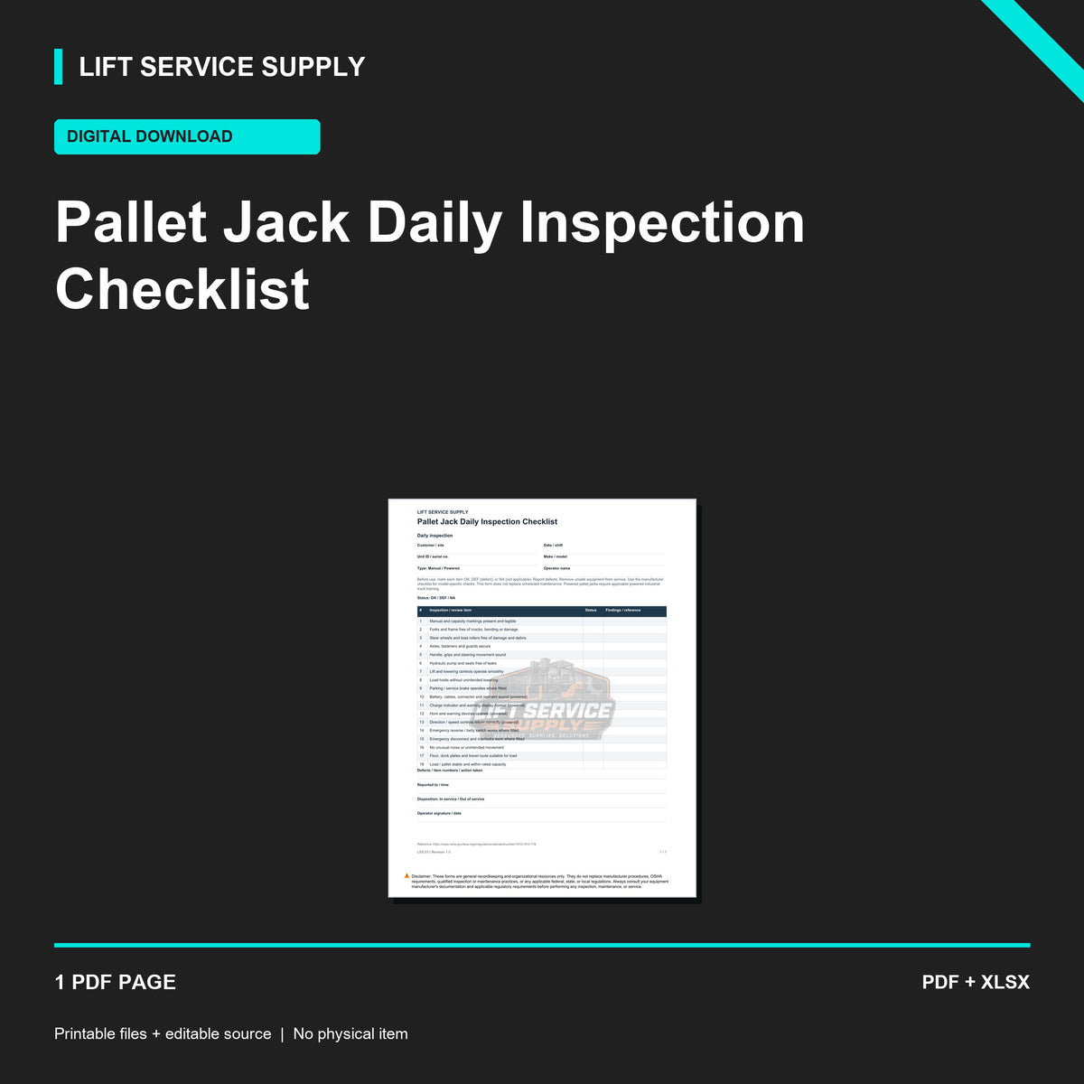 Pallet Jack Daily Inspection Checklist - Product cover