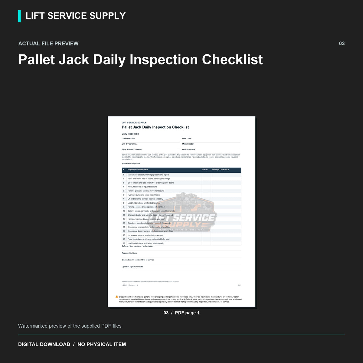 Pallet Jack Daily Inspection Checklist - Actual form preview with logo watermark