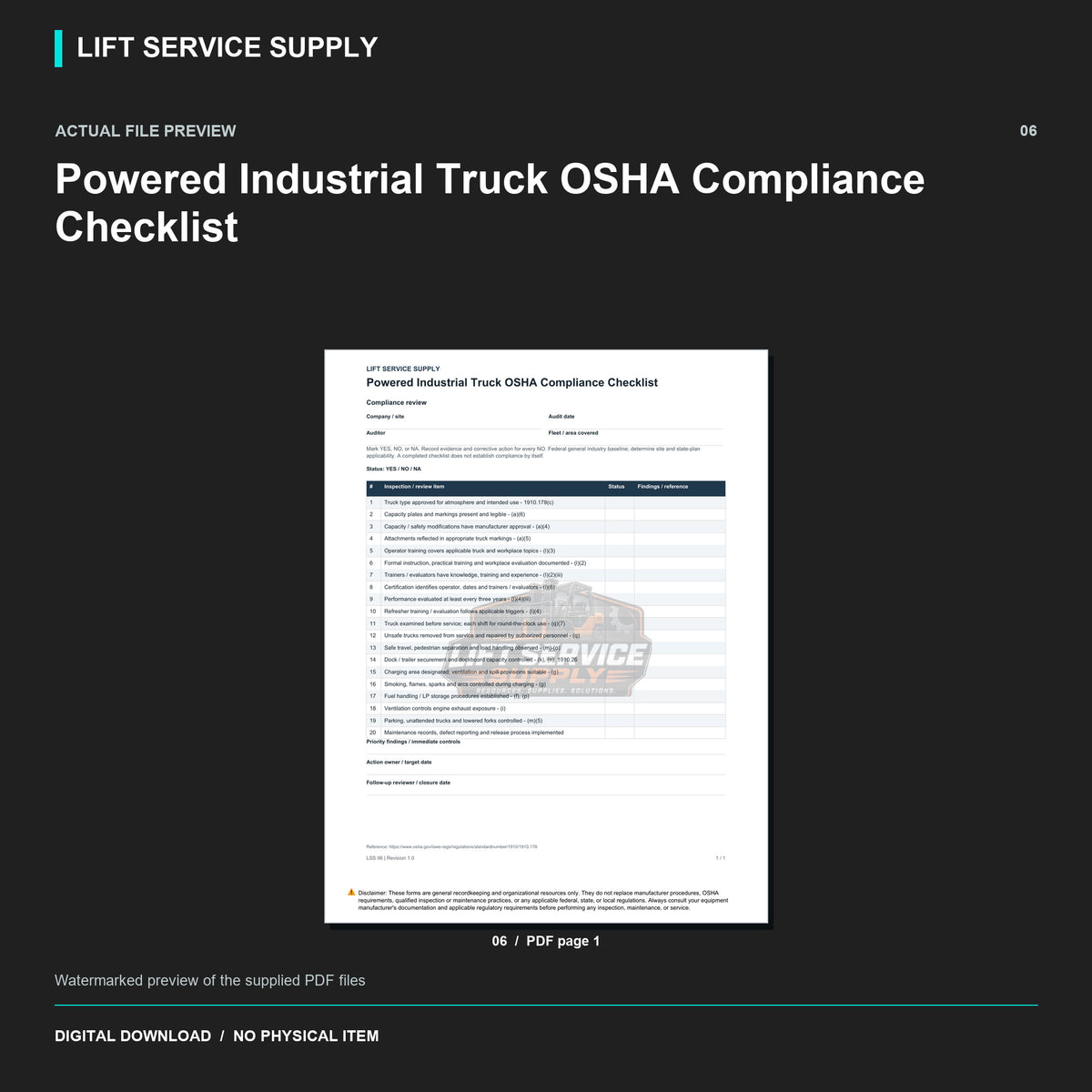 Powered Industrial Truck OSHA Compliance Checklist - Actual form preview with logo watermark