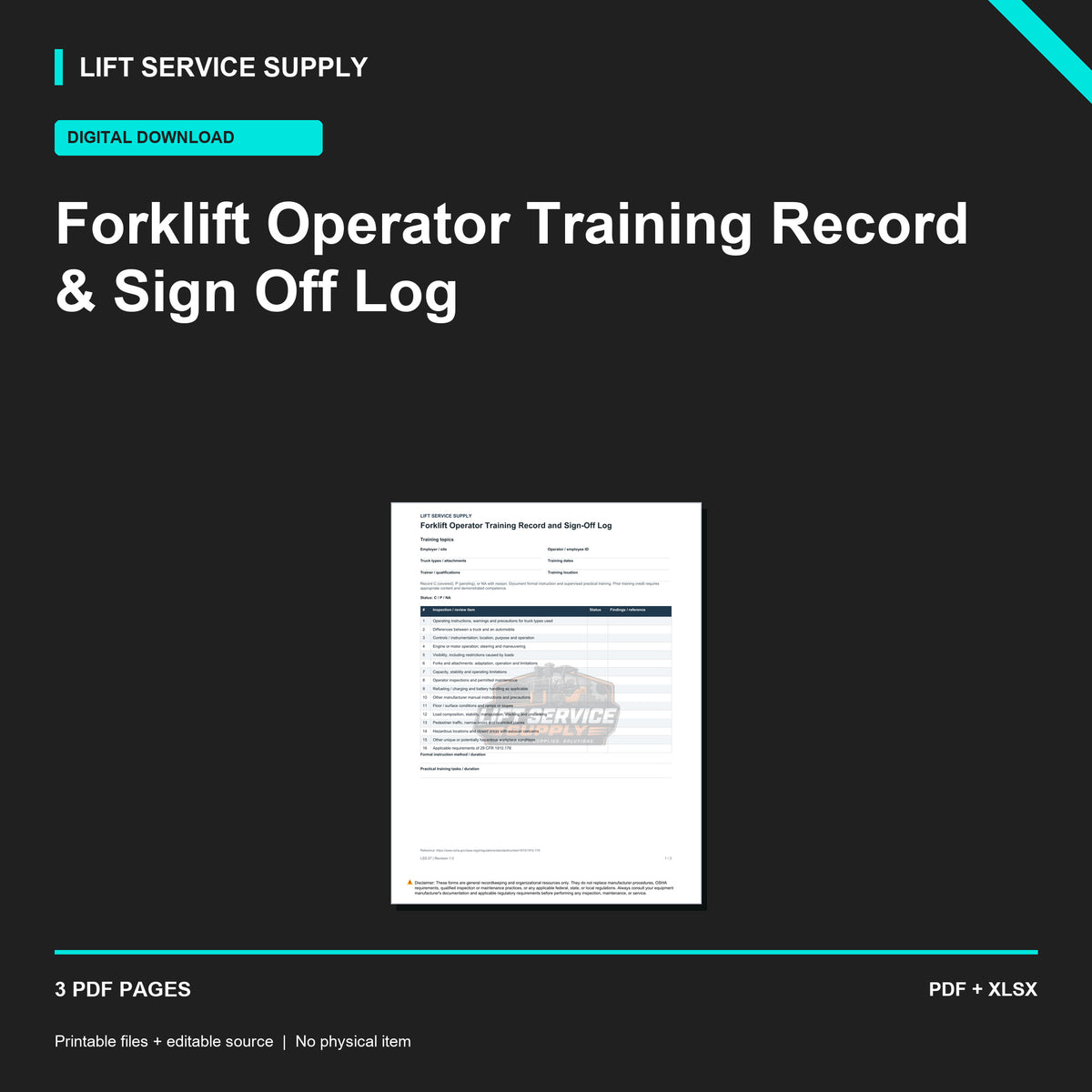 Forklift Operator Training Record & Sign-Off Log - Product cover