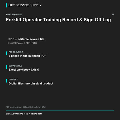 Forklift Operator Training Record & Sign-Off Log - Included files