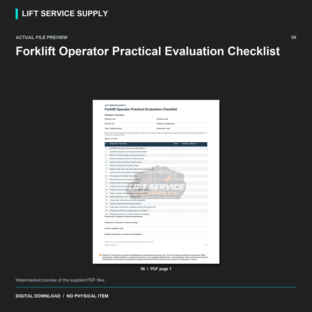 Forklift Operator Practical Evaluation Checklist - Actual form preview with logo watermark