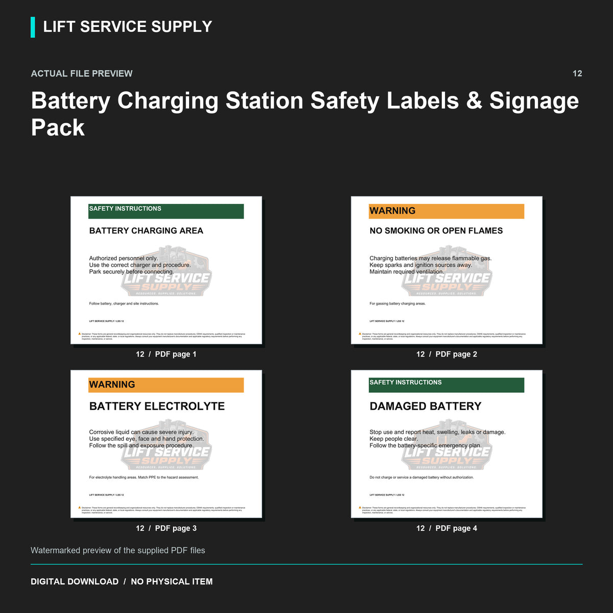 Battery Charging Station Safety Labels & Signage Pack - Actual form preview with logo watermark