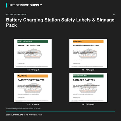 Battery Charging Station Safety Labels & Signage Pack - Actual form preview with logo watermark