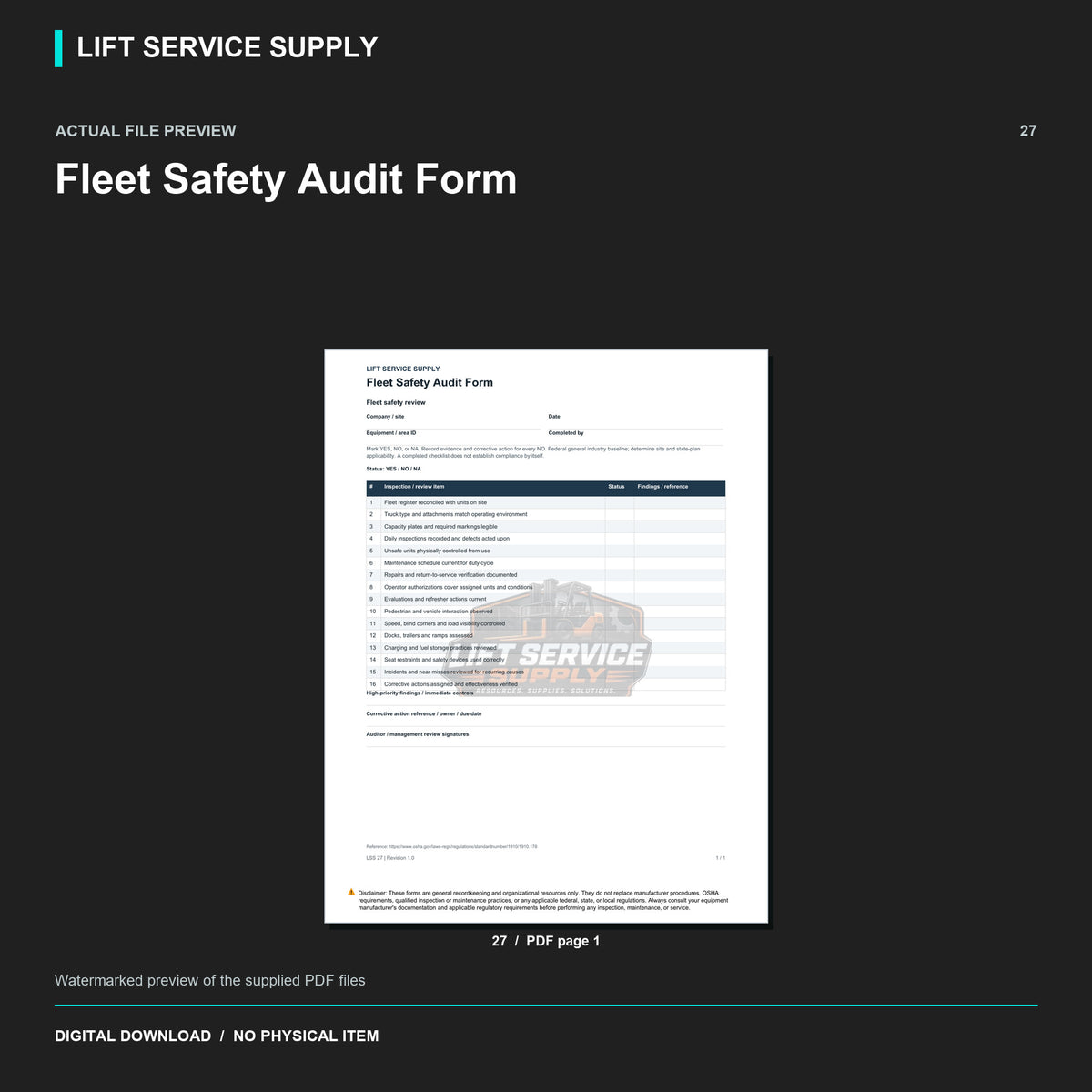 Fleet Safety Audit Form - Actual form preview with logo watermark
