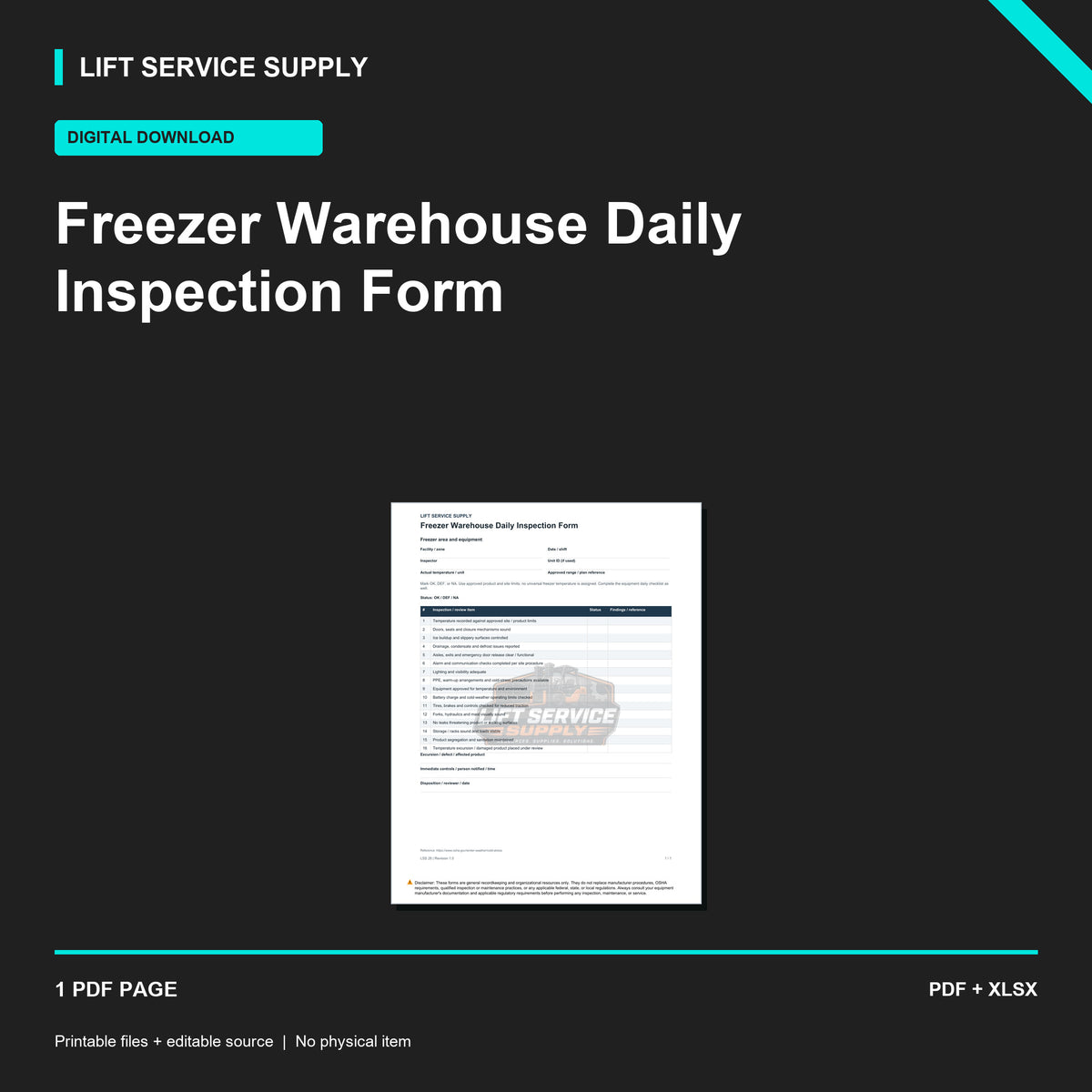 Freezer Warehouse Daily Inspection Form - Product cover