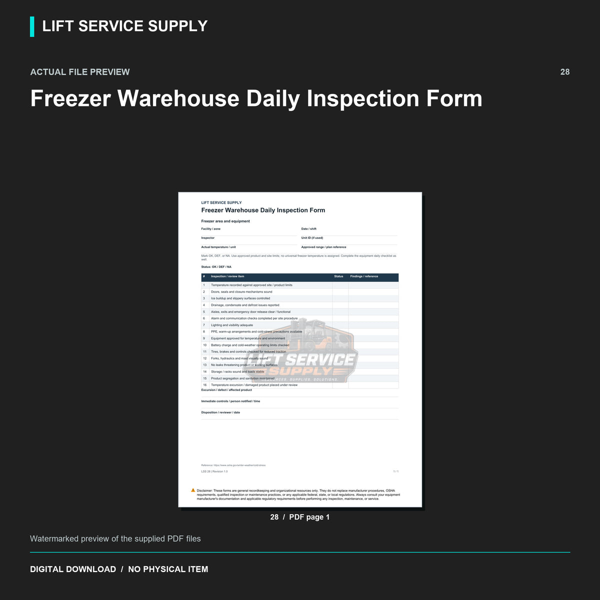Freezer Warehouse Daily Inspection Form - Actual form preview with logo watermark