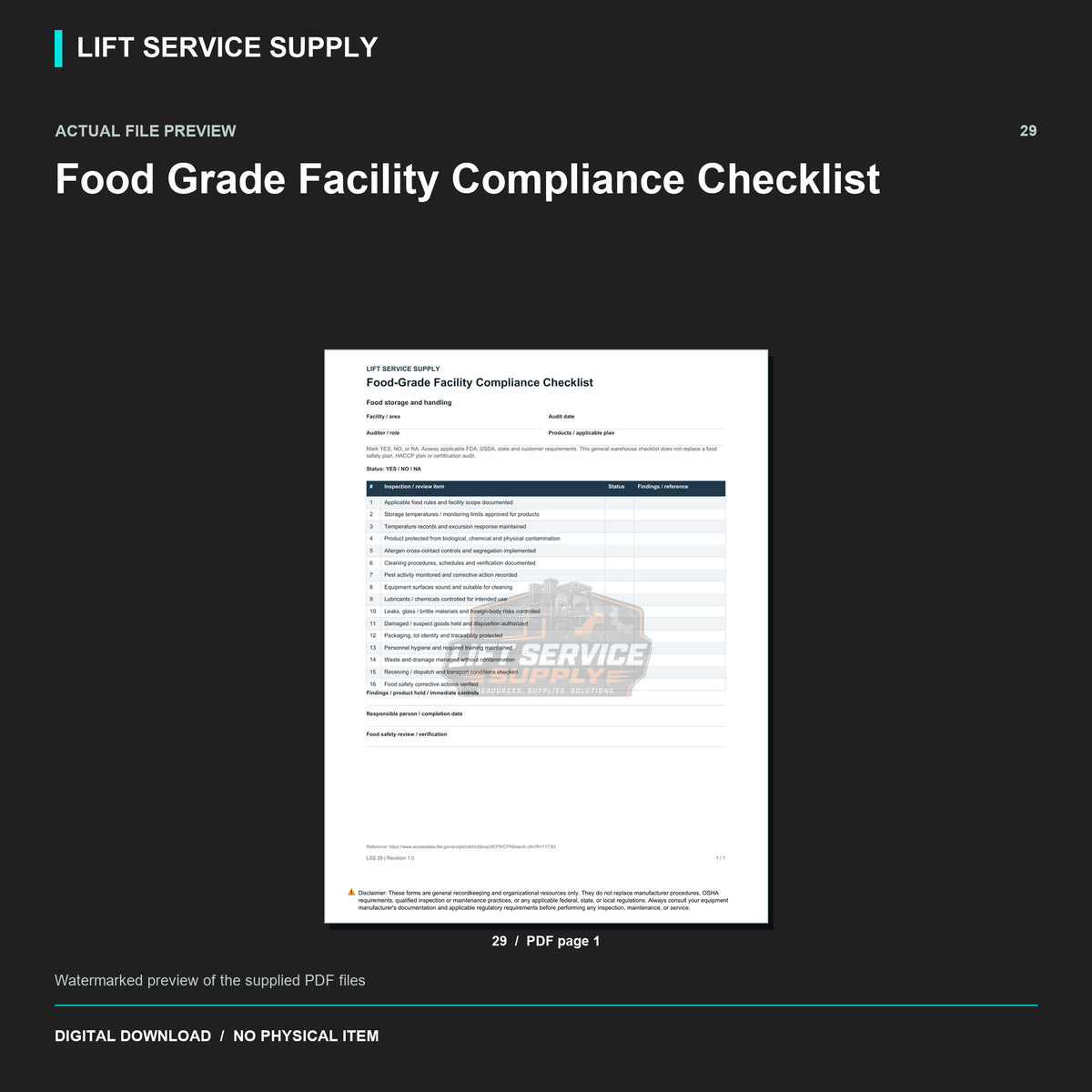 Food-Grade Facility Compliance Checklist - Actual form preview with logo watermark