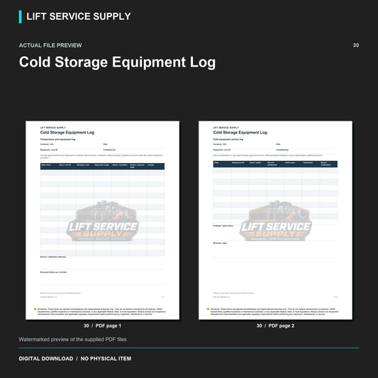 Cold Storage Equipment Log - Actual form preview with logo watermark