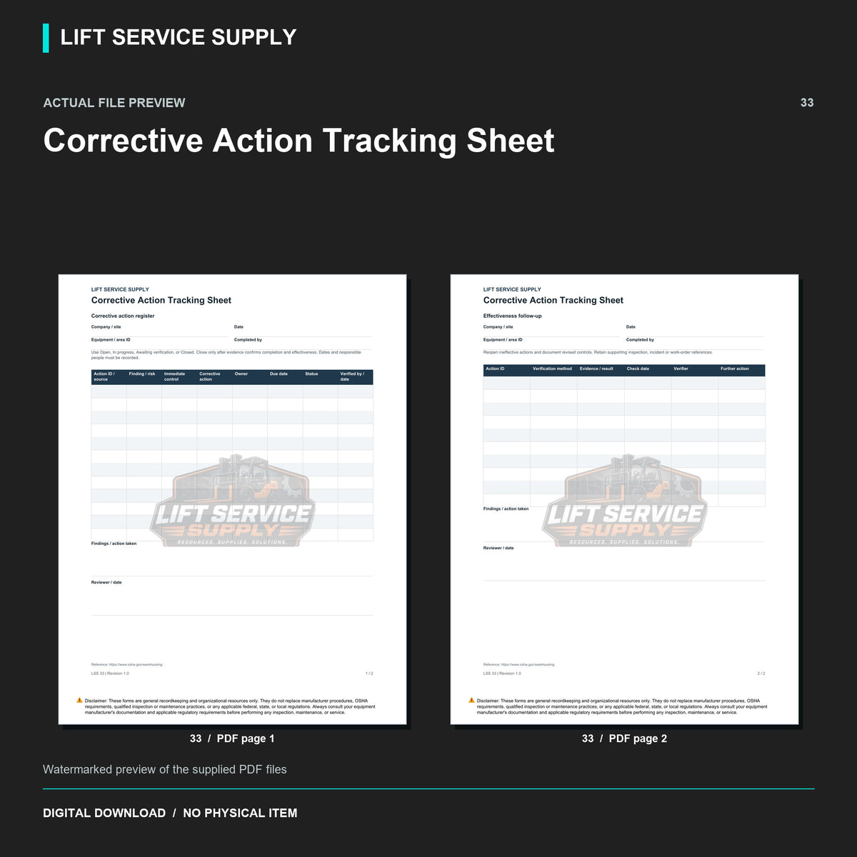 Corrective Action Tracking Sheet - Actual form preview with logo watermark