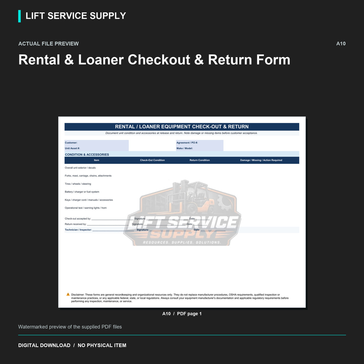 Rental & Loaner Checkout & Return Form - Actual form preview with logo watermark