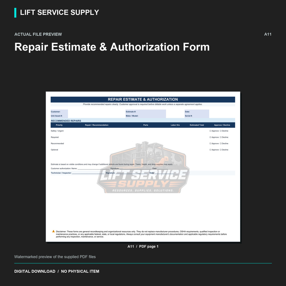 Repair Estimate & Authorization Form - Actual form preview with logo watermark