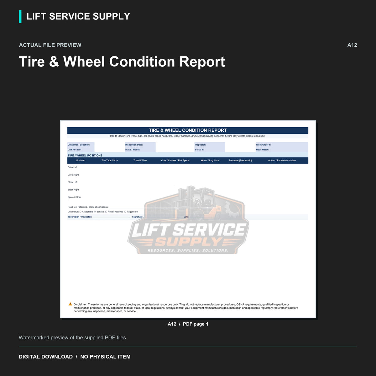 Tire & Wheel Condition Report - Actual form preview with logo watermark