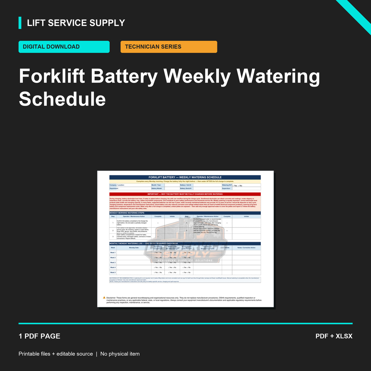 Forklift Battery Weekly Watering Schedule - Product cover