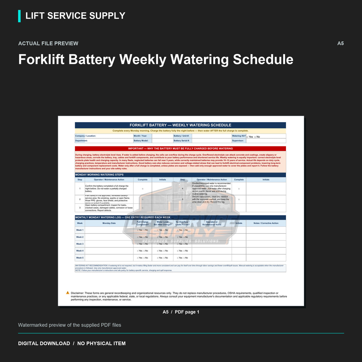 Forklift Battery Weekly Watering Schedule - Actual form preview with logo watermark