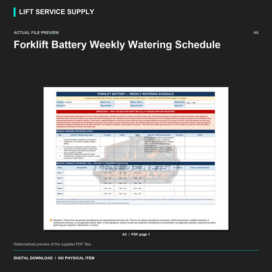 Forklift Battery Weekly Watering Schedule - Actual form preview with logo watermark