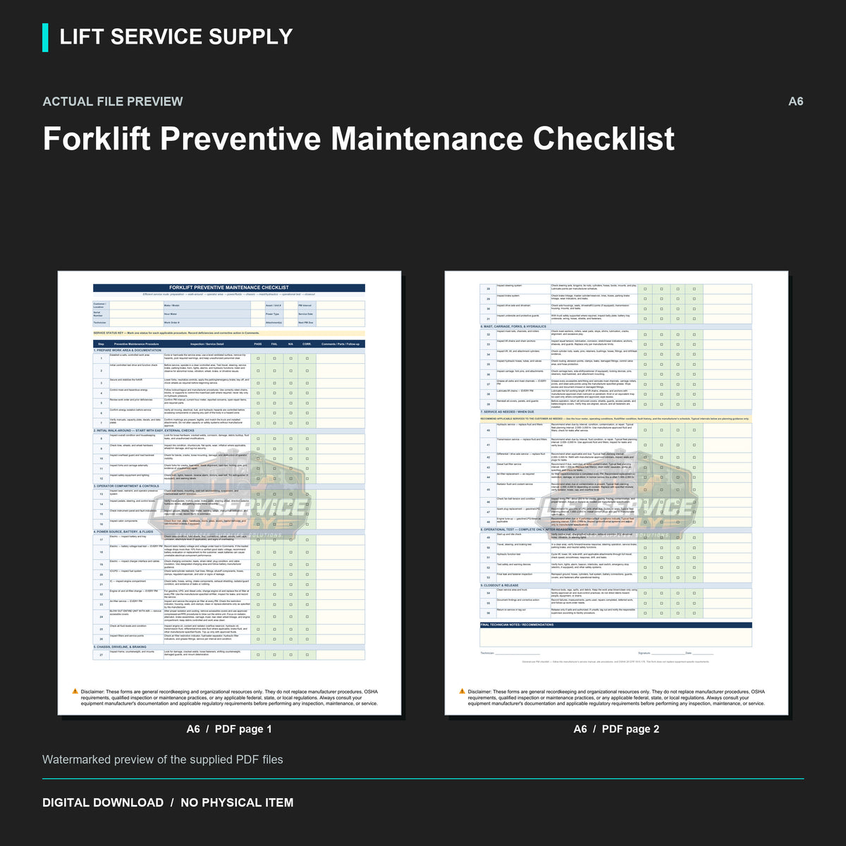 Forklift Preventive Maintenance Checklist - Actual form preview with logo watermark