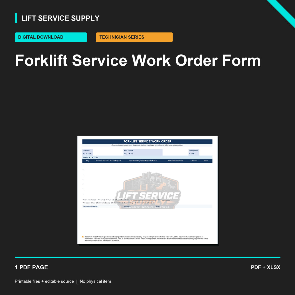 Forklift Service Work Order Form - Product cover