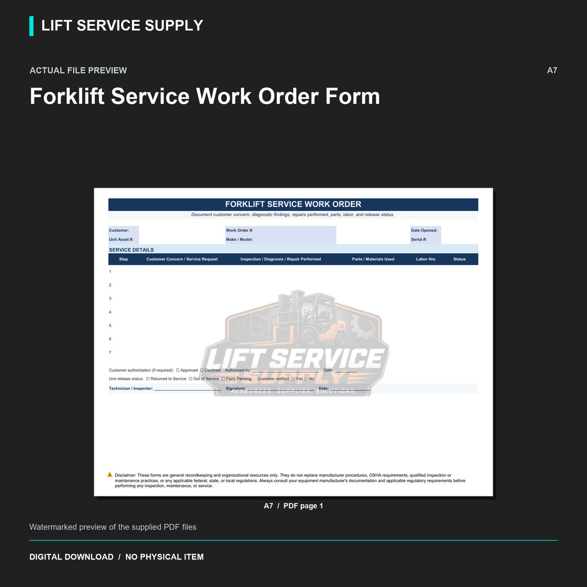 Forklift Service Work Order Form - Actual form preview with logo watermark