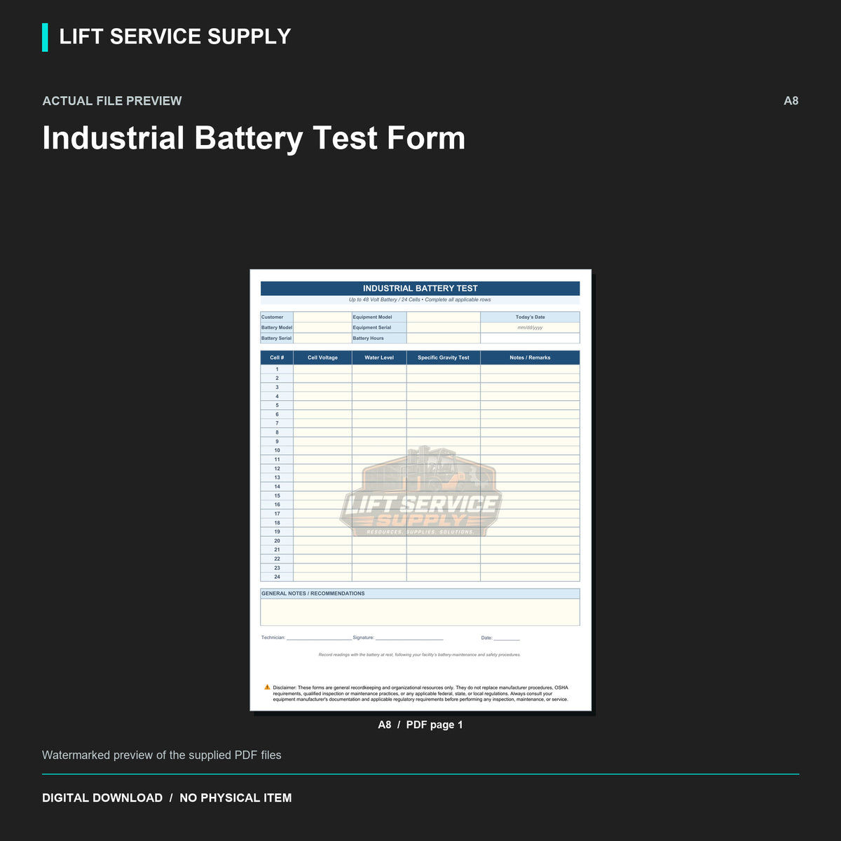 Industrial Battery Test Form - Actual form preview with logo watermark