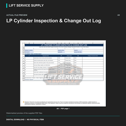 LP Cylinder Inspection & Change Out Log - Actual form preview with logo watermark